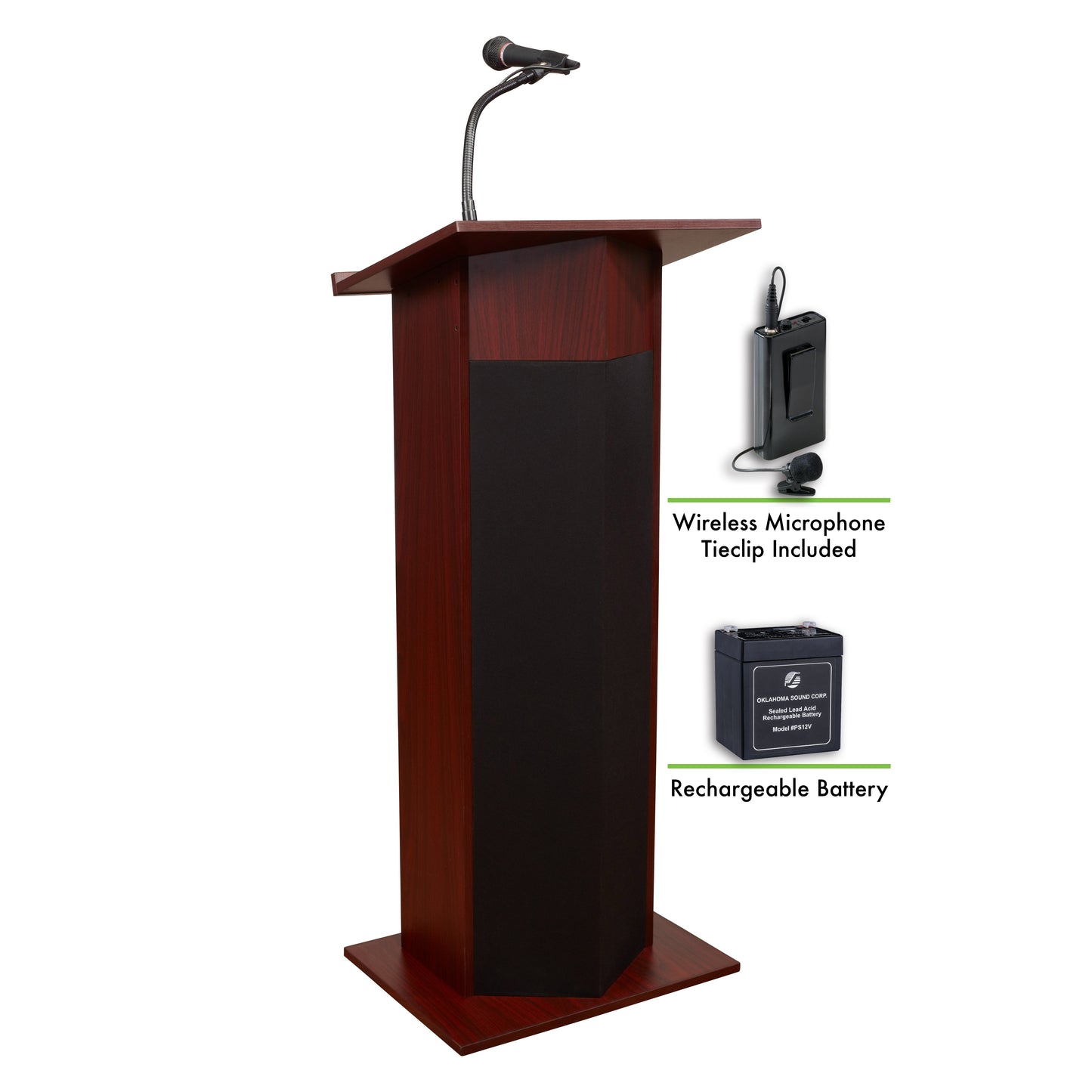 Power Plus Lectern and Rechargeable Battery with Wireless Tie Clip/Lavalier Mic