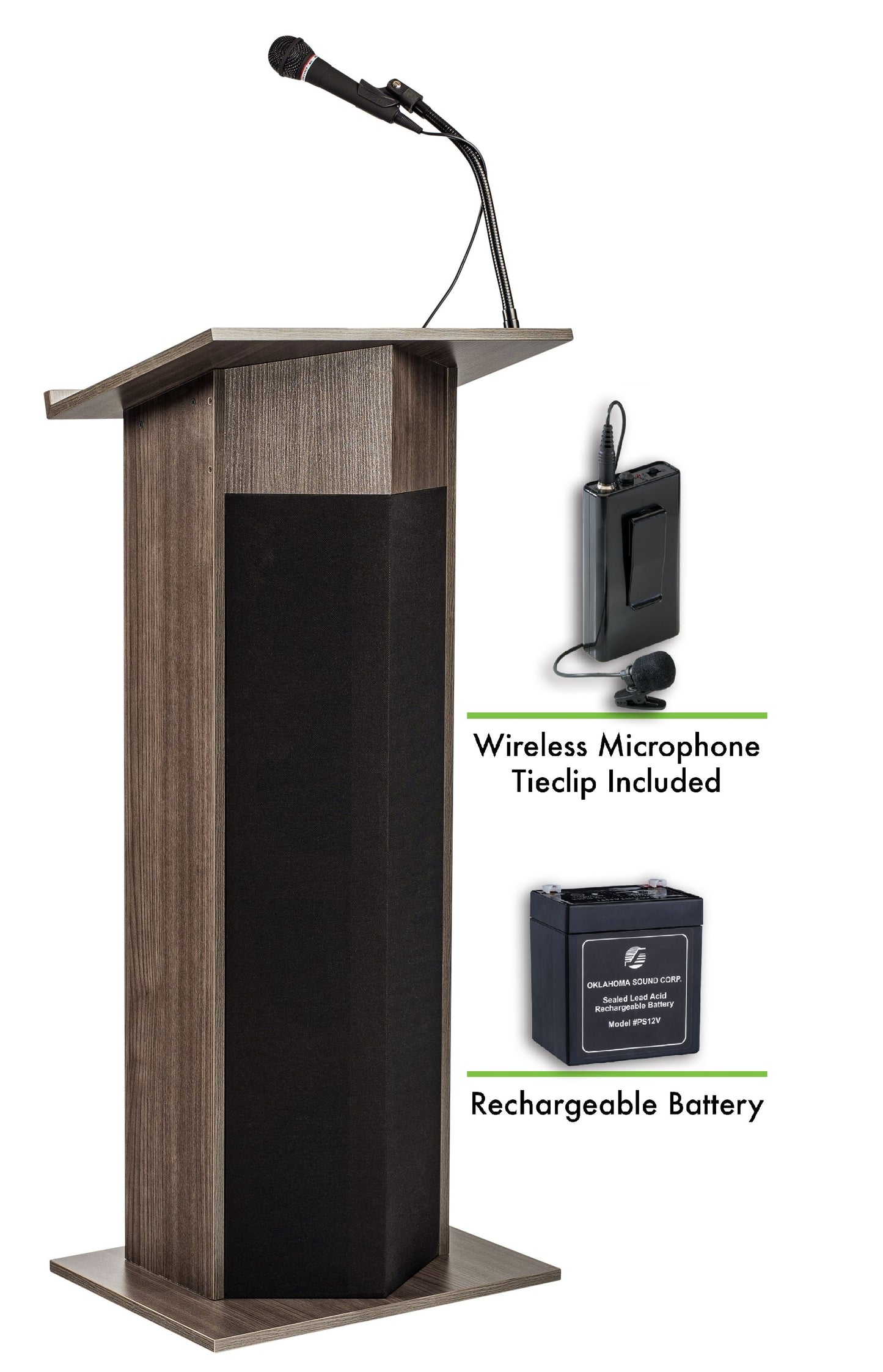 Power Plus Lectern and Rechargeable Battery with Wireless Tie Clip/Lavalier Mic